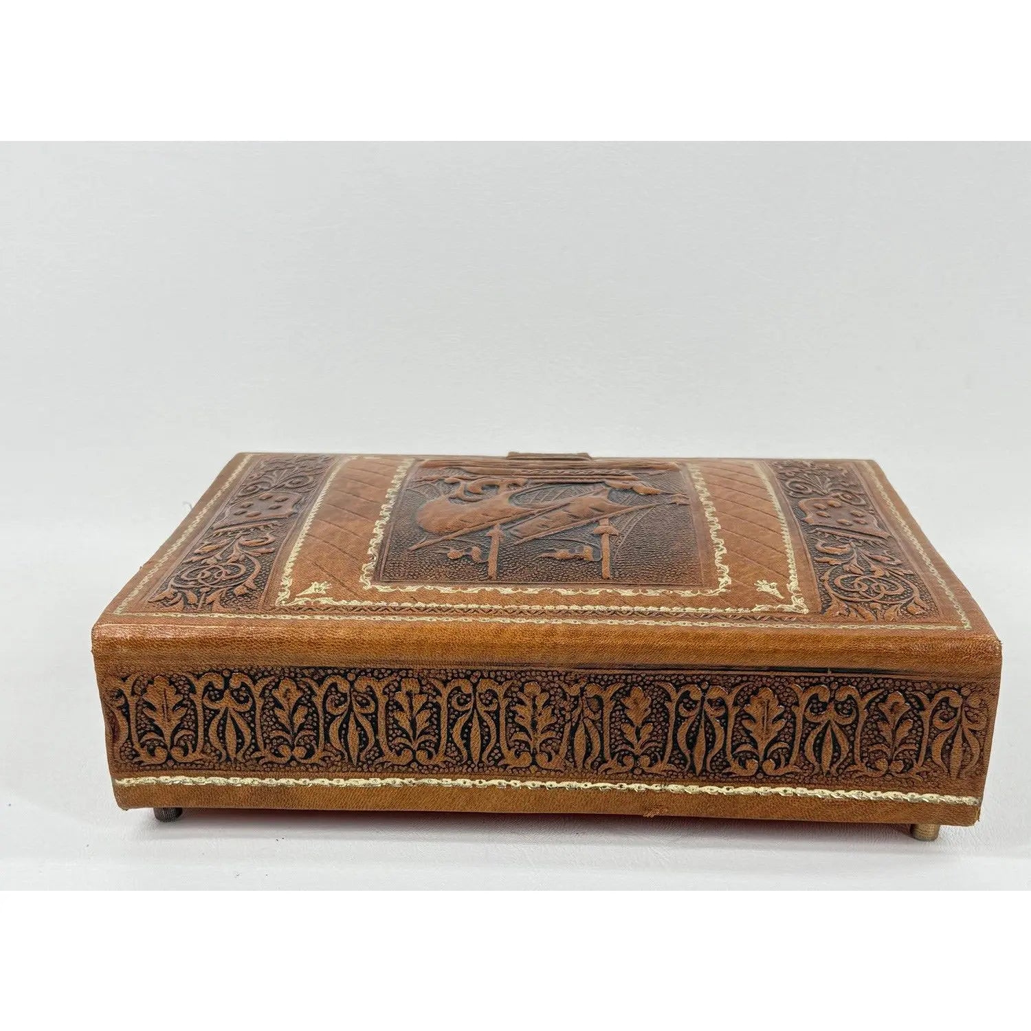 Mid-Century Argentinian Embossed Leather Music Box with Galleon Motif