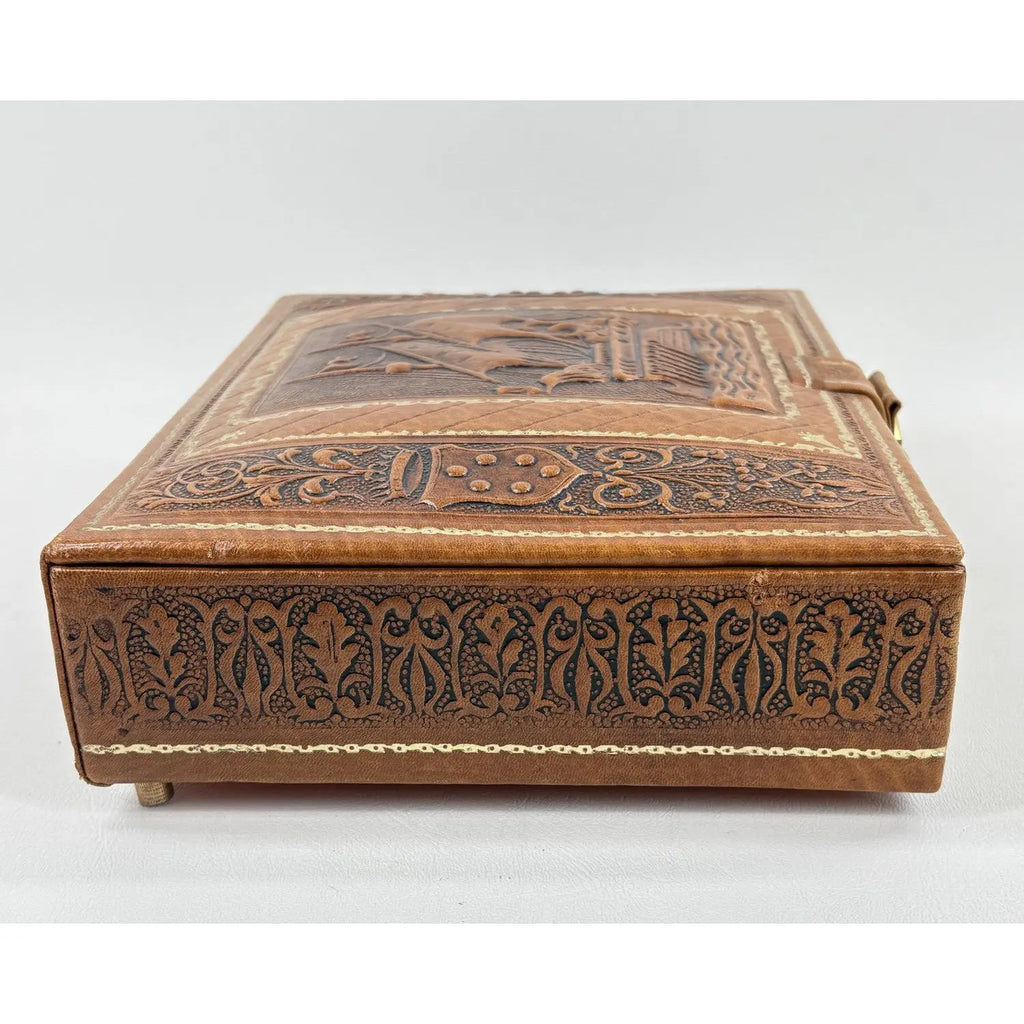 Mid-Century Argentinian Embossed Leather Music Box with Galleon Motif