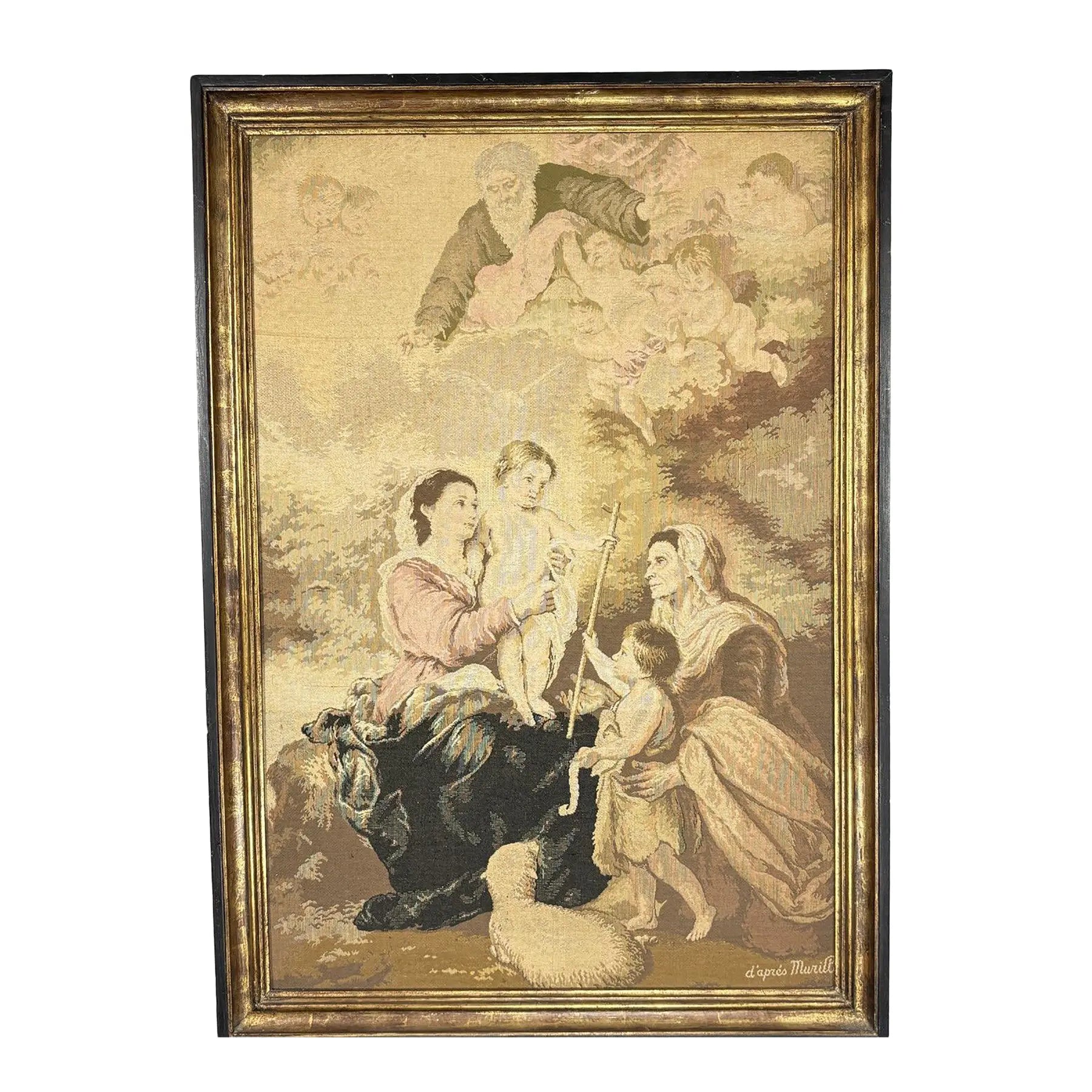 Large Vintage Woven Tapestry "The Holy Family with a Little Bird" After Murillo