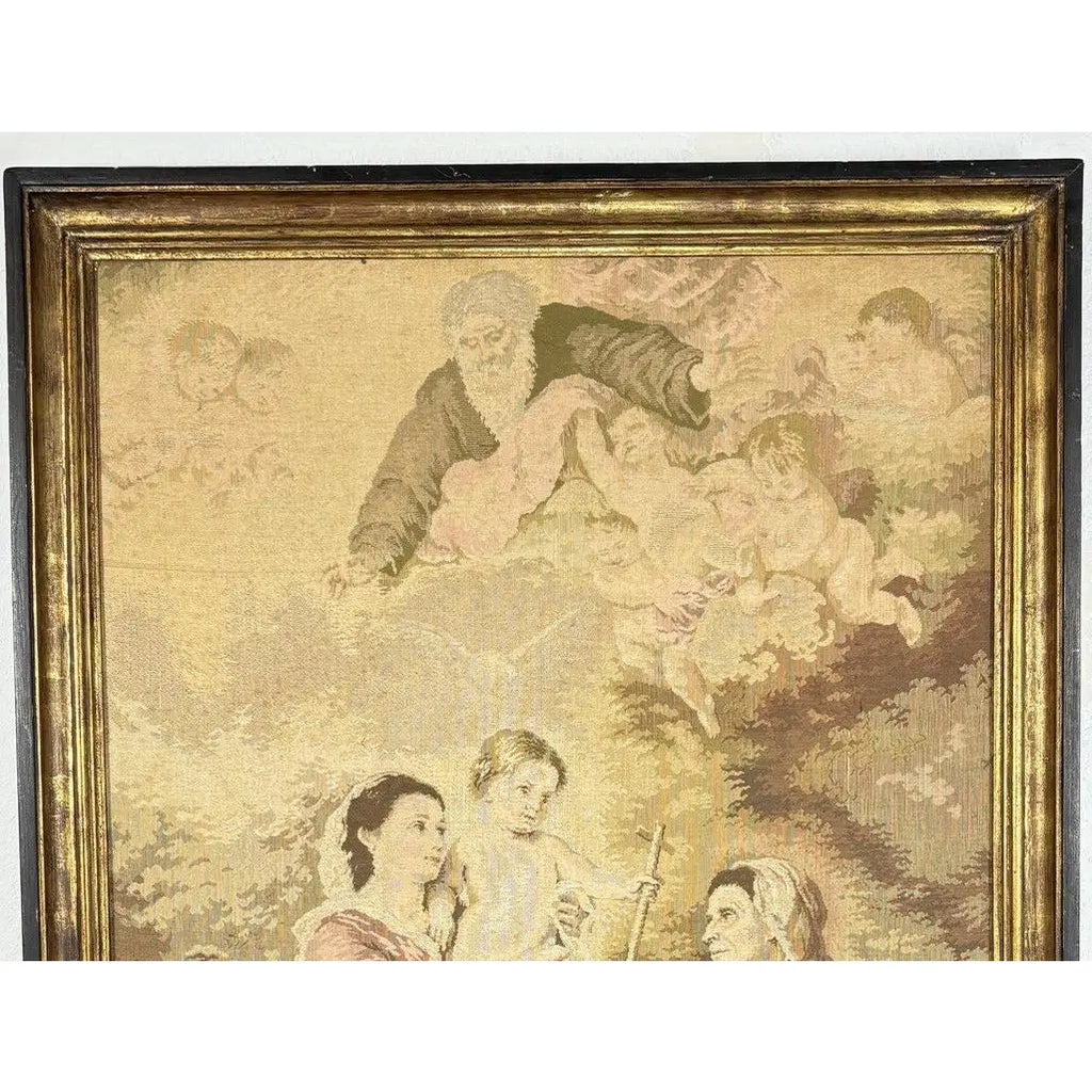 Large Vintage Woven Tapestry "The Holy Family with a Little Bird" After Murillo