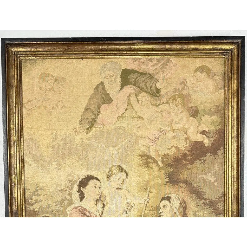 Large Vintage Woven Tapestry "The Holy Family with a Little Bird" After Murillo