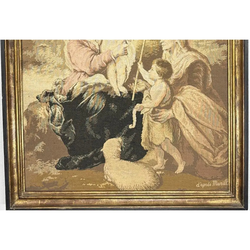 Large Vintage Woven Tapestry "The Holy Family with a Little Bird" After Murillo