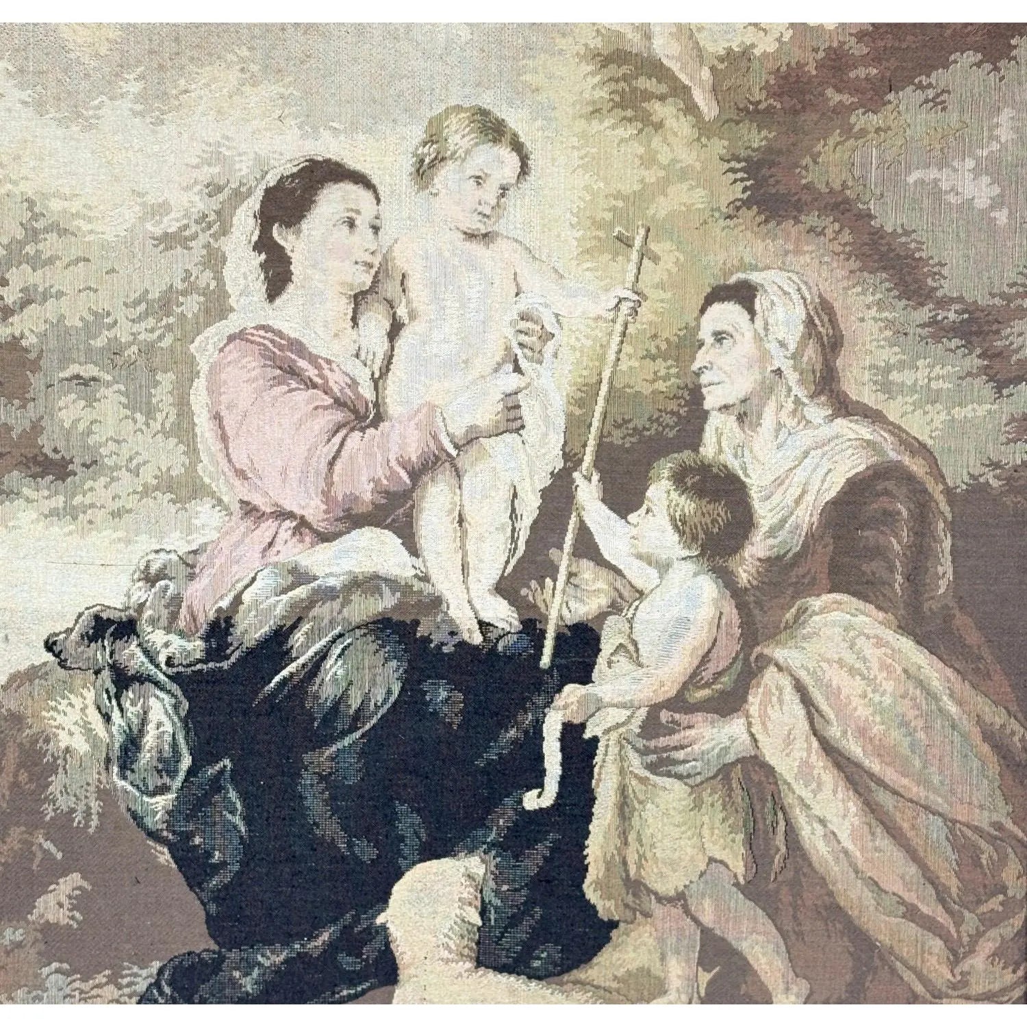 Large Vintage Woven Tapestry "The Holy Family with a Little Bird" After Murillo