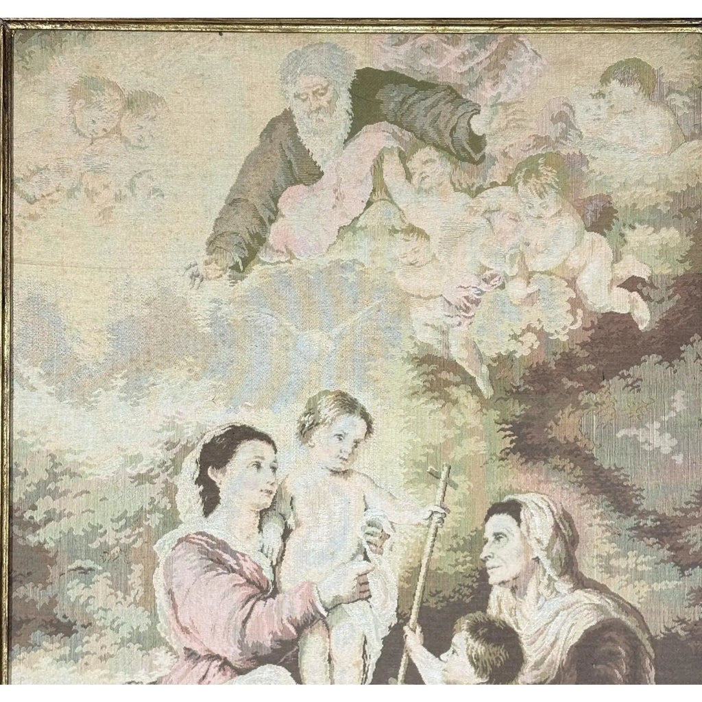 Large Vintage Woven Tapestry "The Holy Family with a Little Bird" After Murillo