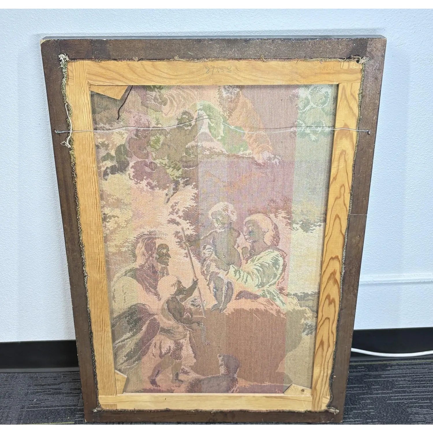 Large Vintage Woven Tapestry "The Holy Family with a Little Bird" After Murillo