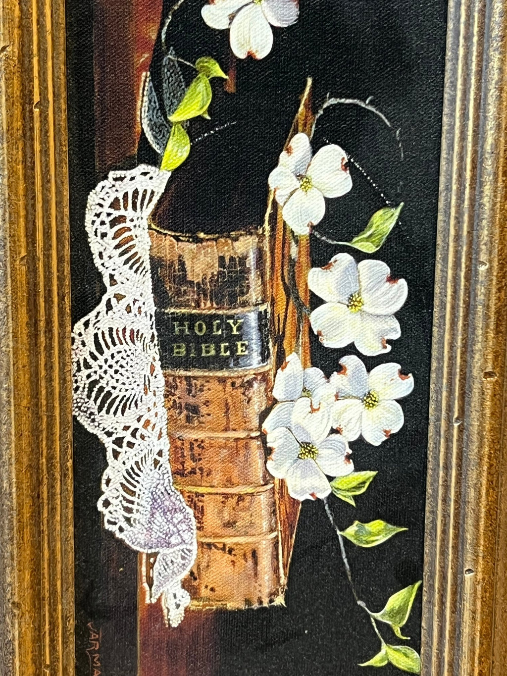 Vintage Harry Jarman Original Trompe L’oeil Still Life Oil Painting Of Holy Bible And Dogwoods