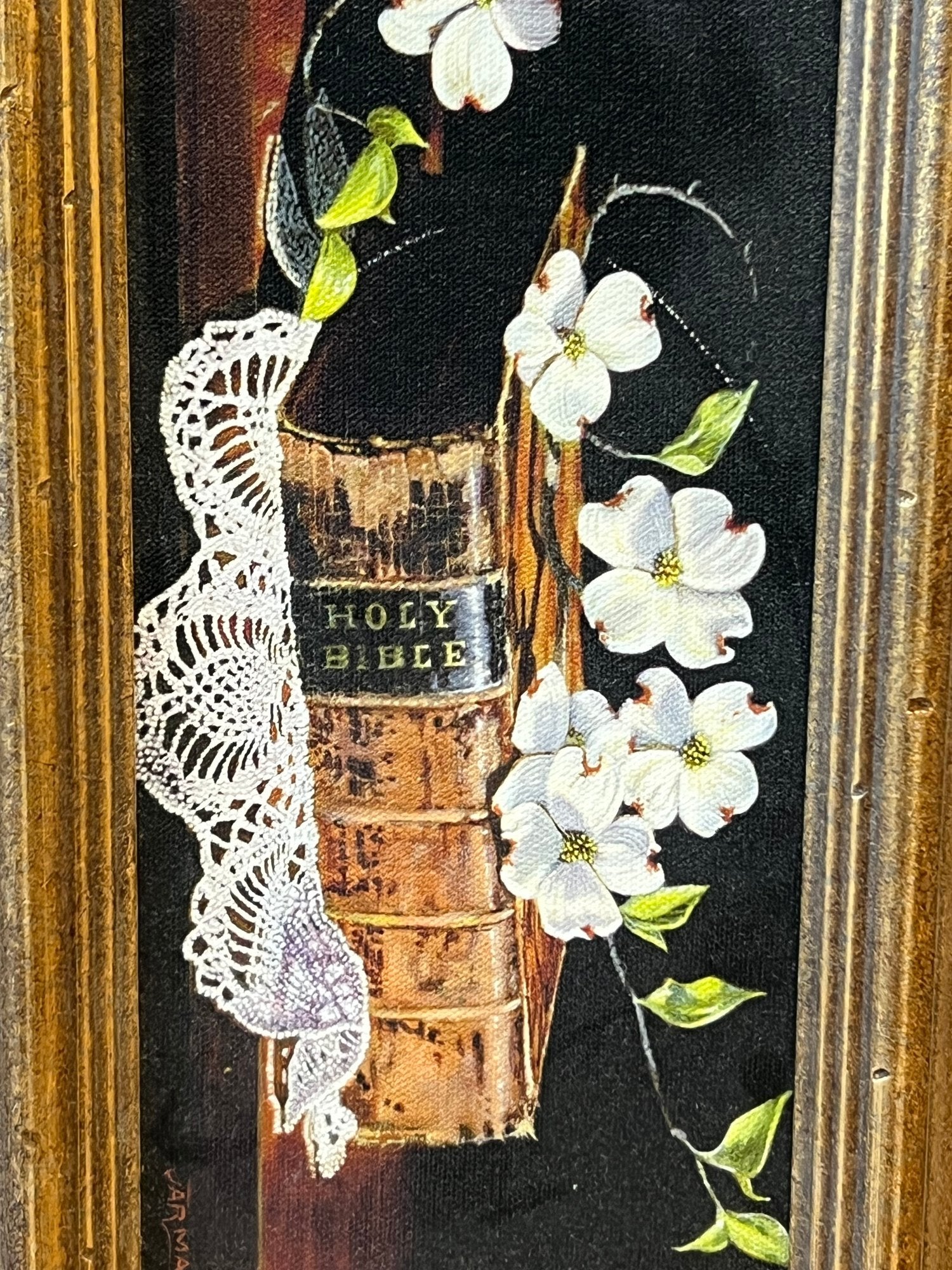 Vintage Harry Jarman Original Trompe L’oeil Still Life Oil Painting Of Holy Bible And Dogwoods