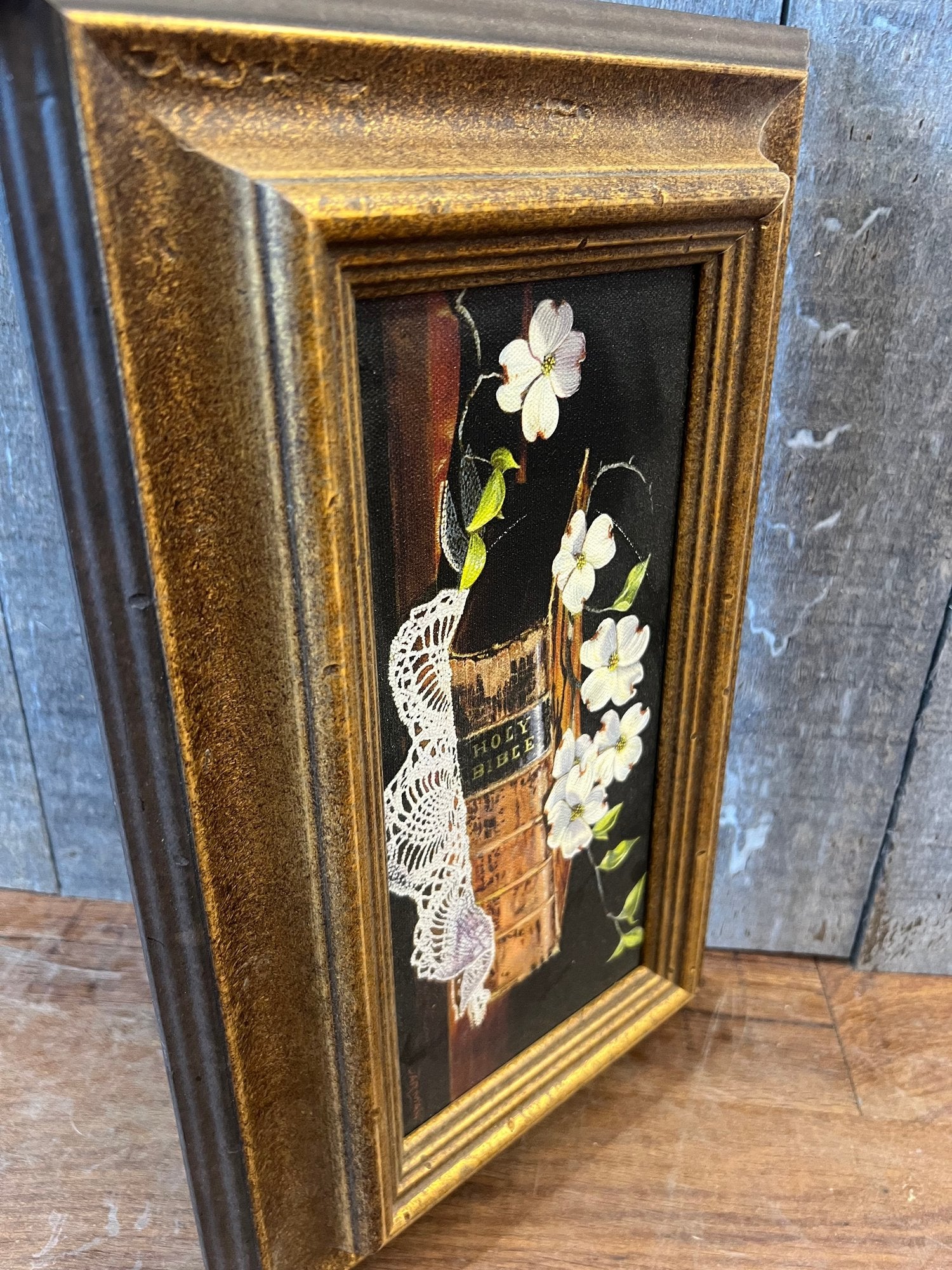 Vintage Harry Jarman Original Trompe L’oeil Still Life Oil Painting Of Holy Bible And Dogwoods