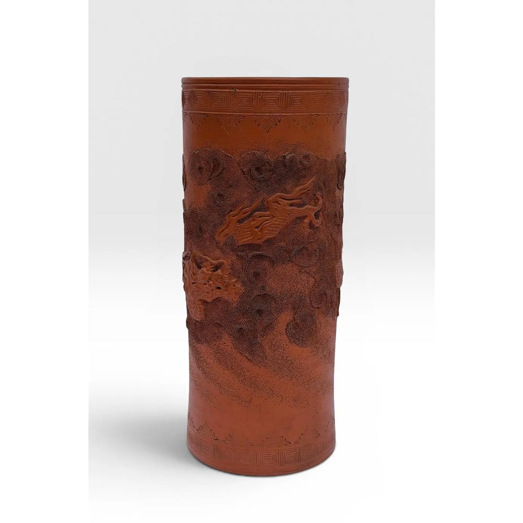 Large Antique Japanese Tokoname Meiji Period Moriage Dragon Cylinder Vase