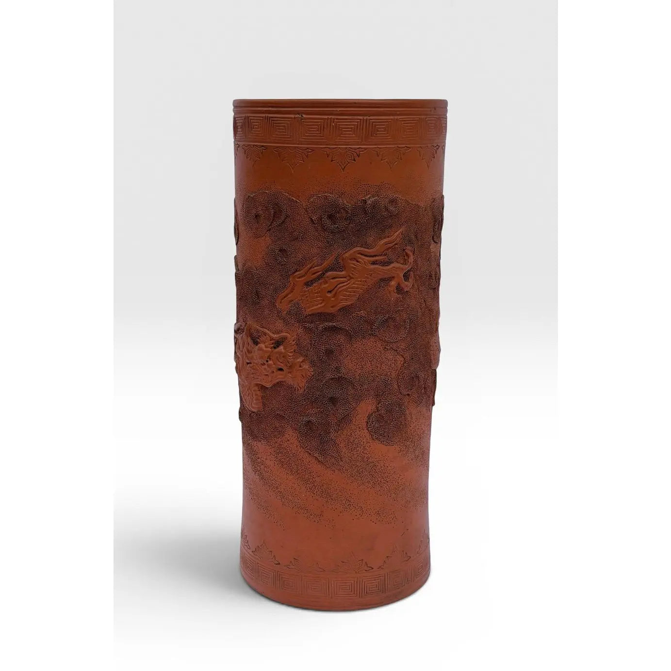 Large Antique Japanese Tokoname Meiji Period Moriage Dragon Cylinder Vase