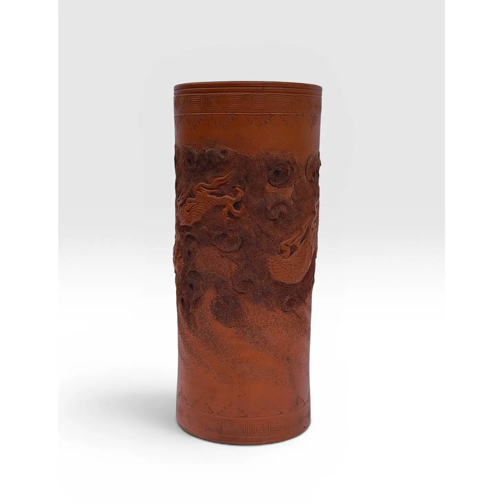 Large Antique Japanese Tokoname Meiji Period Moriage Dragon Cylinder Vase
