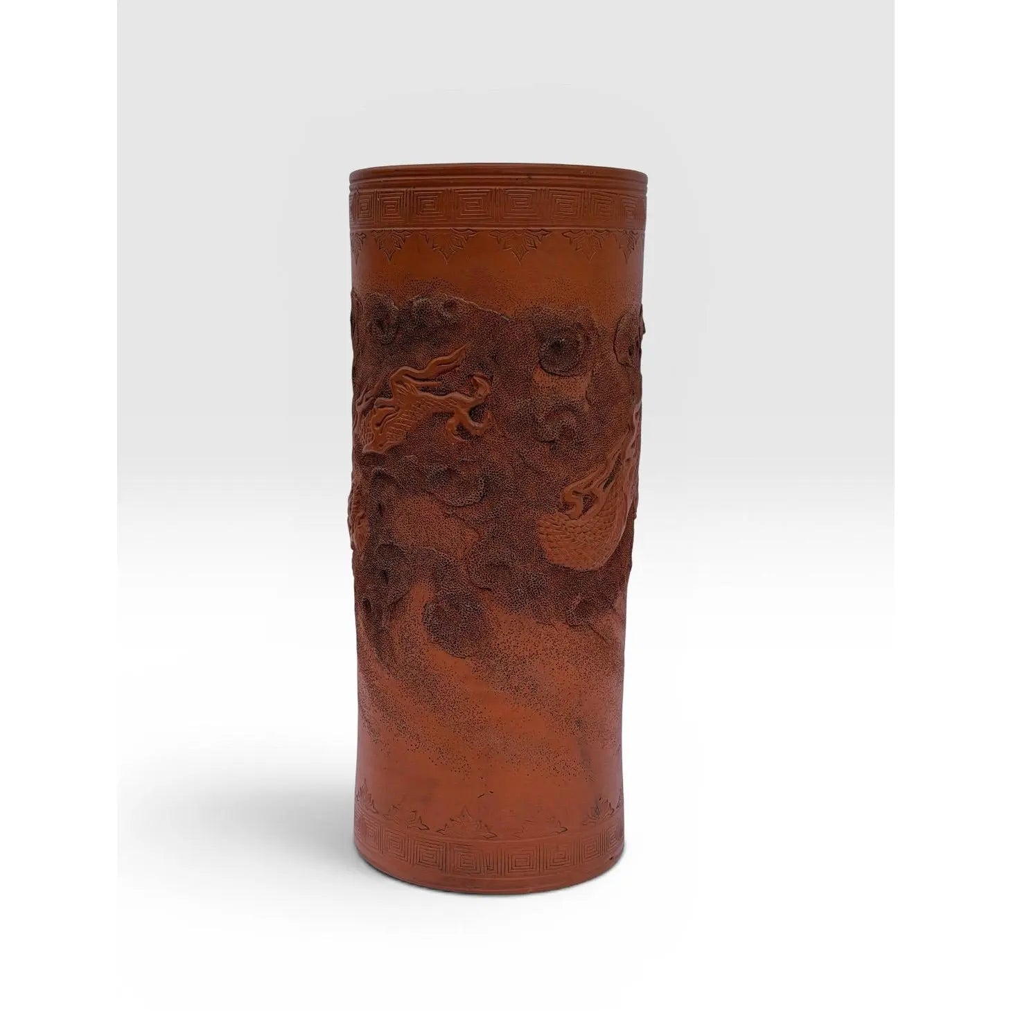 Large Antique Japanese Tokoname Meiji Period Moriage Dragon Cylinder Vase