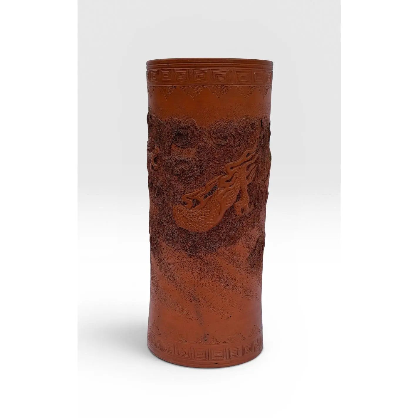 Large Antique Japanese Tokoname Meiji Period Moriage Dragon Cylinder Vase