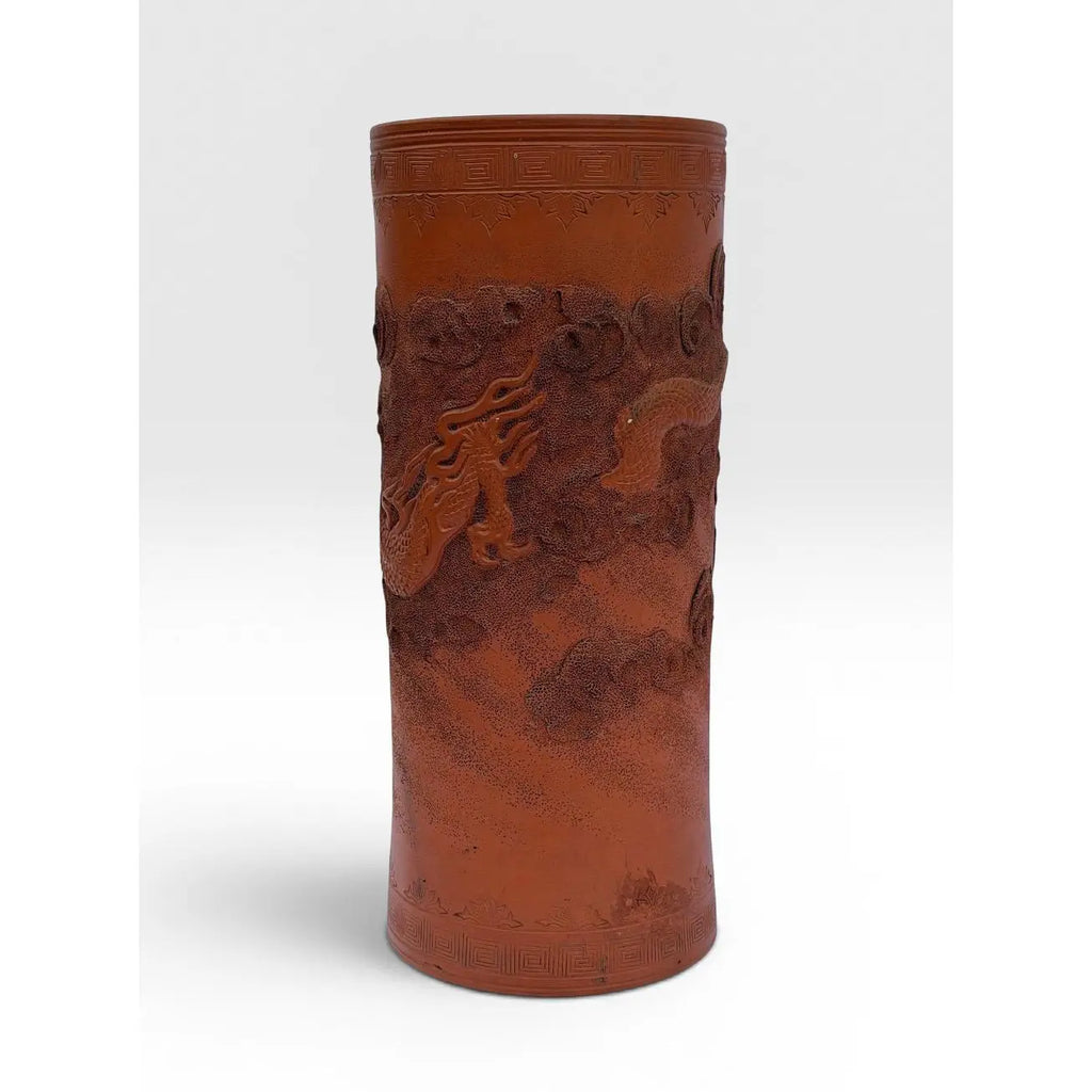 Large Antique Japanese Tokoname Meiji Period Moriage Dragon Cylinder Vase