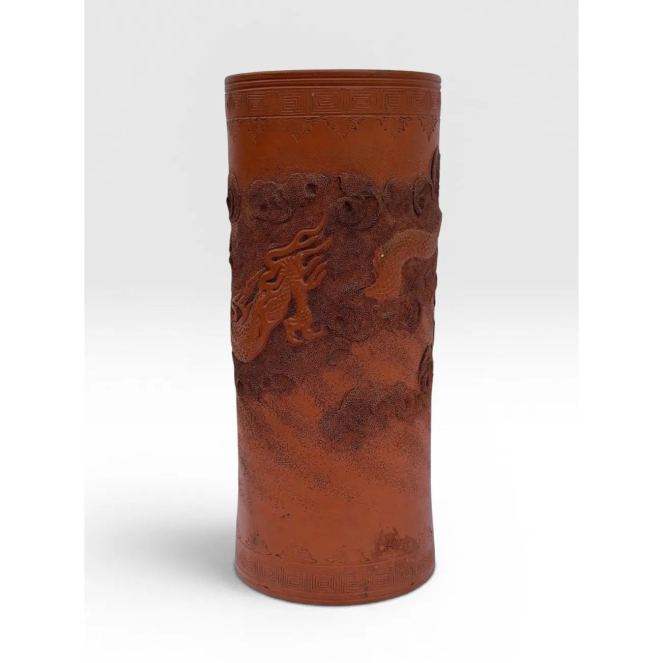 Large Antique Japanese Tokoname Meiji Period Moriage Dragon Cylinder Vase
