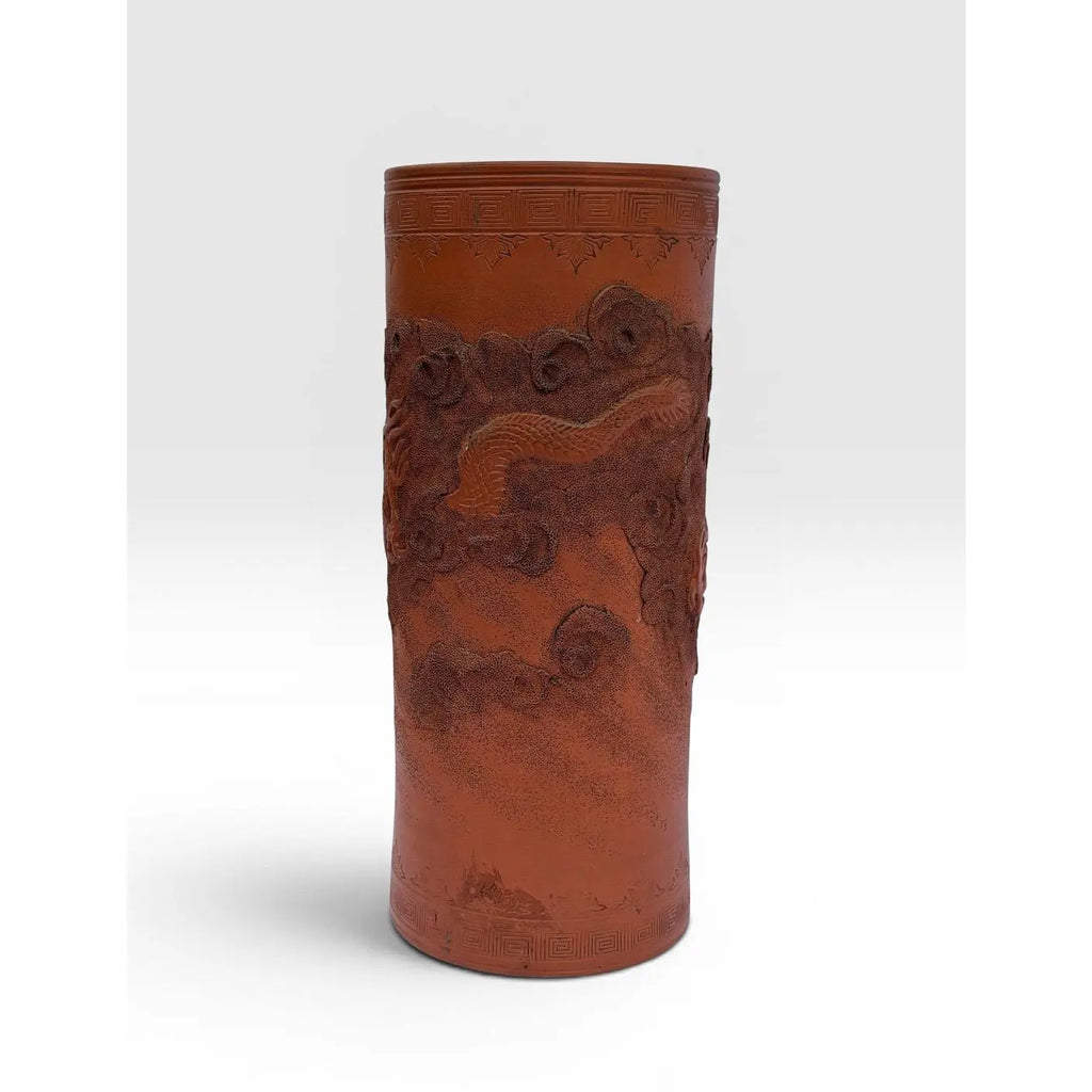 Large Antique Japanese Tokoname Meiji Period Moriage Dragon Cylinder Vase