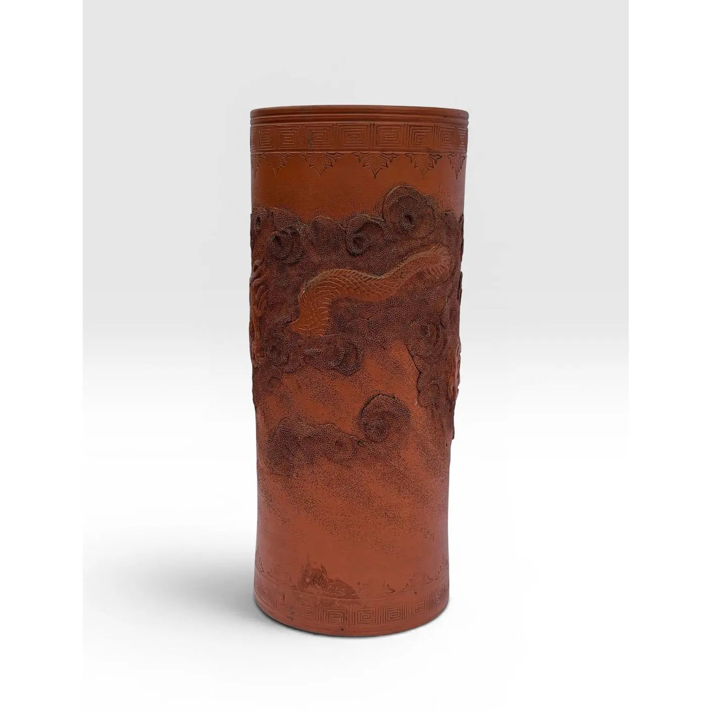 Large Antique Japanese Tokoname Meiji Period Moriage Dragon Cylinder Vase