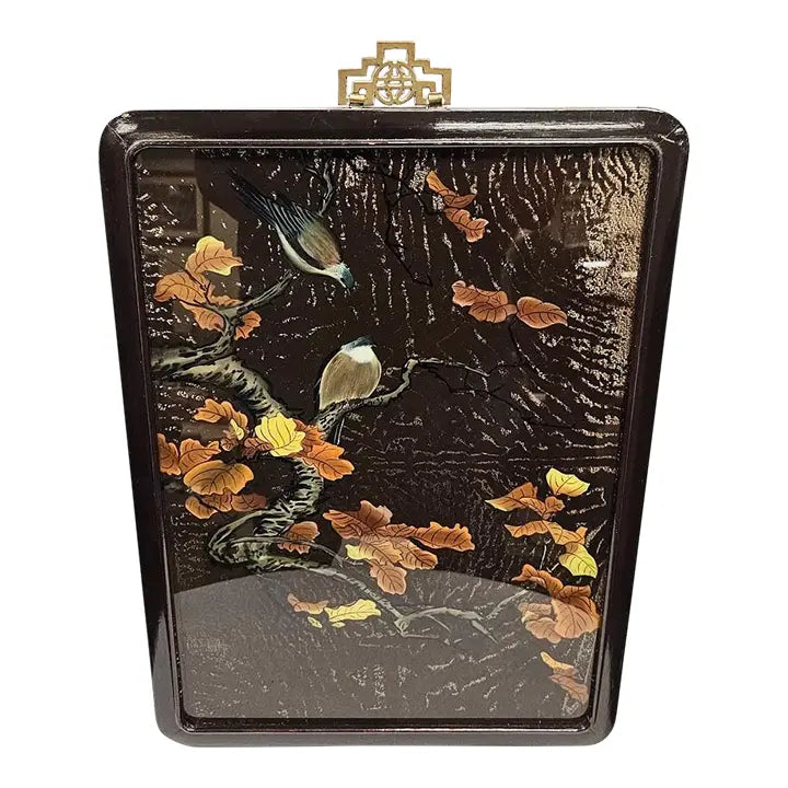 Large Vintage Chinoiserie Black Lacquer & Gold Bird Wall Plaque
