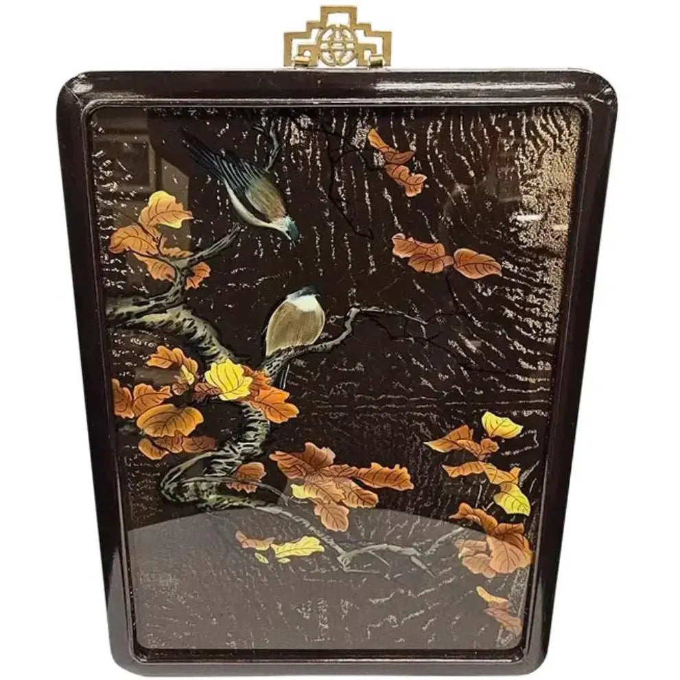 Large Vintage Chinoiserie Black Lacquer & Gold Bird Wall Plaque