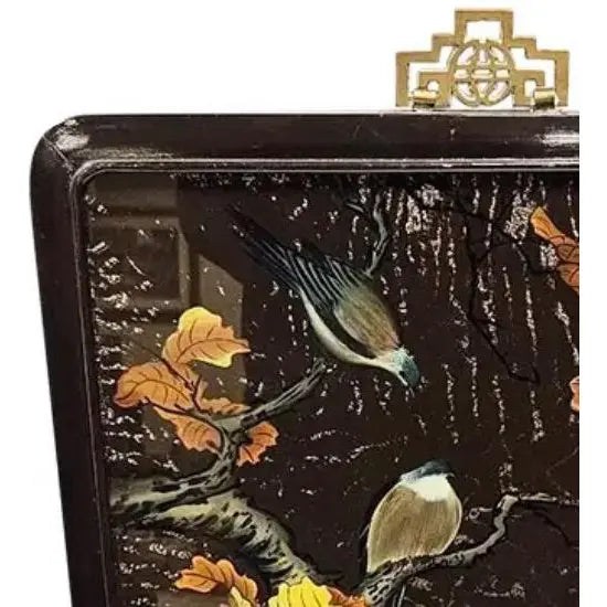 Large Vintage Chinoiserie Black Lacquer & Gold Bird Wall Plaque