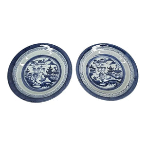 Pair of 19th Century Chinese Export "Canton" Blue & White Shallow Bowls, 8.75"