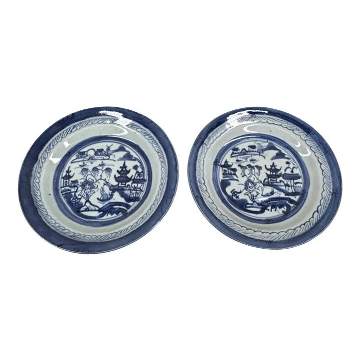 Pair of 19th Century Chinese Export "Canton" Blue & White Shallow Bowls, 8.75"