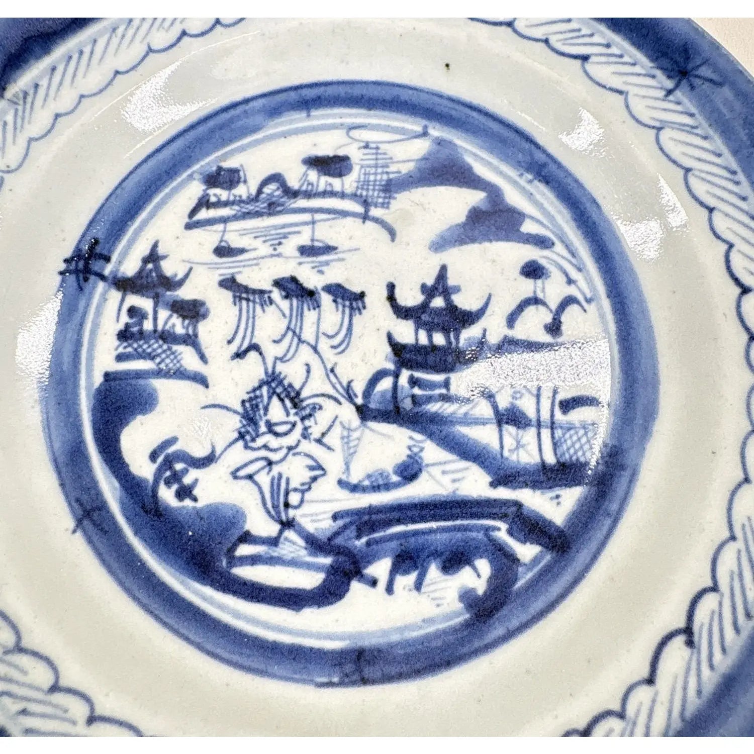 Pair of 19th Century Chinese Export "Canton" Blue & White Shallow Bowls, 8.75"