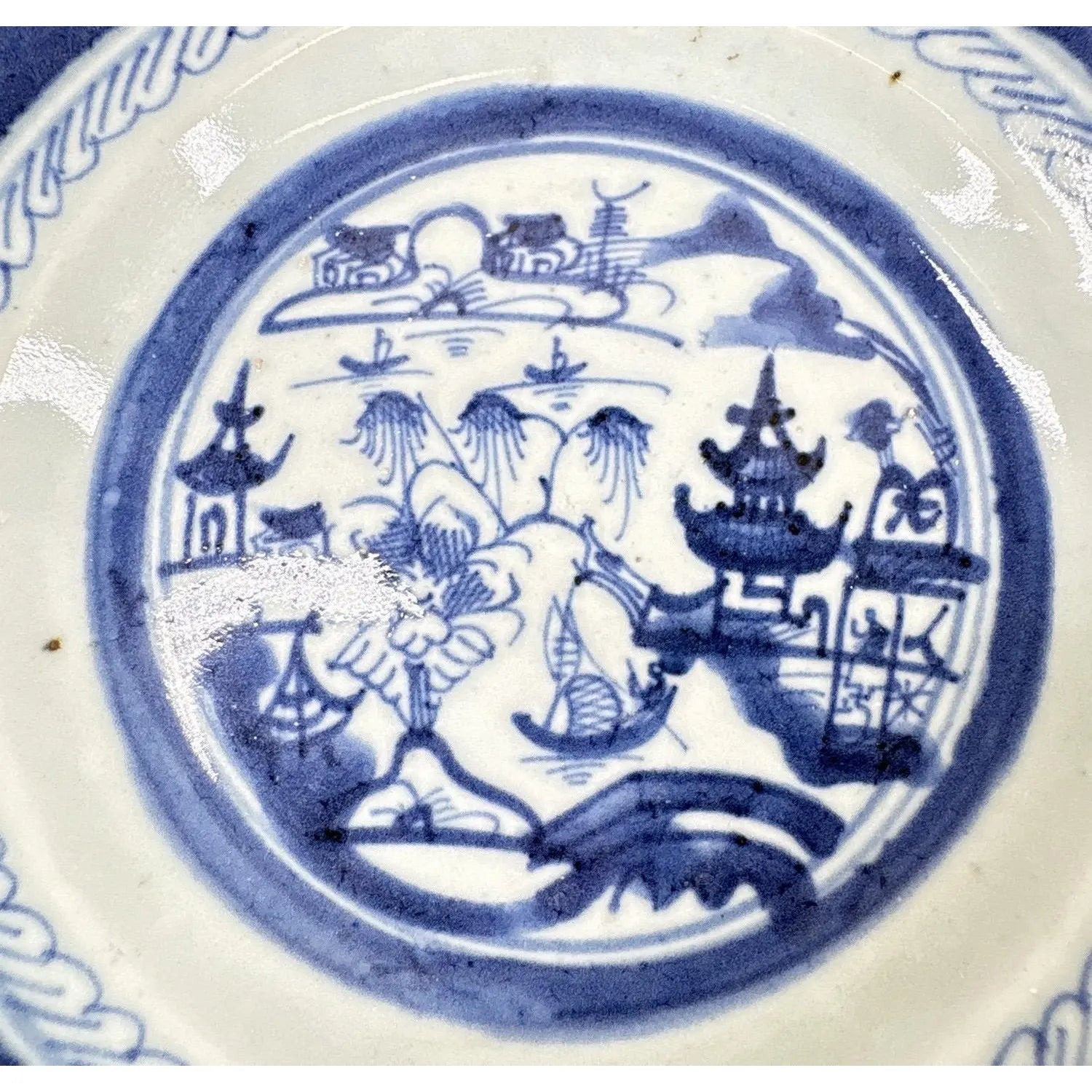 Pair of 19th Century Chinese Export "Canton" Blue & White Shallow Bowls, 8.75"
