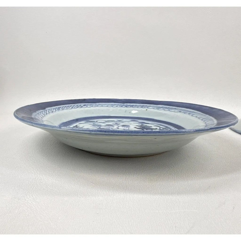 Pair of 19th Century Chinese Export "Canton" Blue & White Shallow Bowls, 8.75"