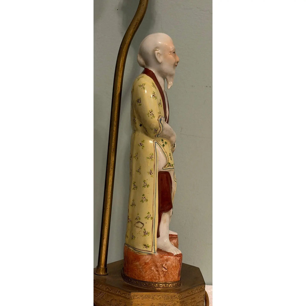 Vintage Chinese Famille Rose Fisherman Lamp Hand-Painted Porcelain Undrilled Figurine