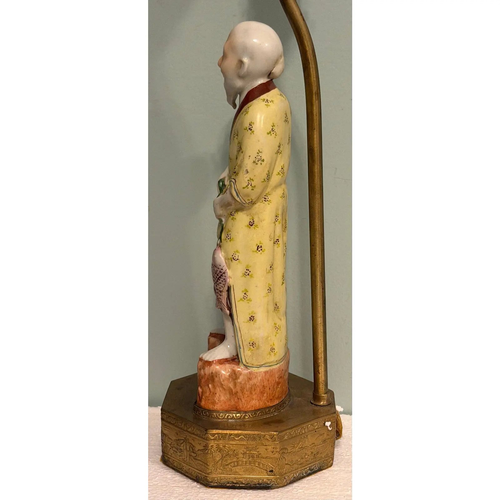 Vintage Chinese Famille Rose Fisherman Lamp Hand-Painted Porcelain Undrilled Figurine