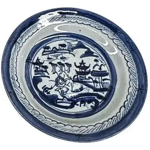 Pair of 19th Century Chinese Export "Canton" Blue & White Shallow Bowls, 8.75"