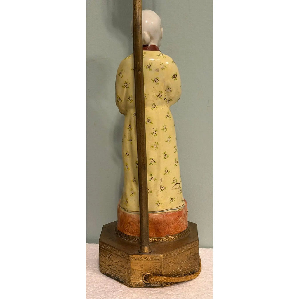 Vintage Chinese Famille Rose Fisherman Lamp Hand-Painted Porcelain Undrilled Figurine