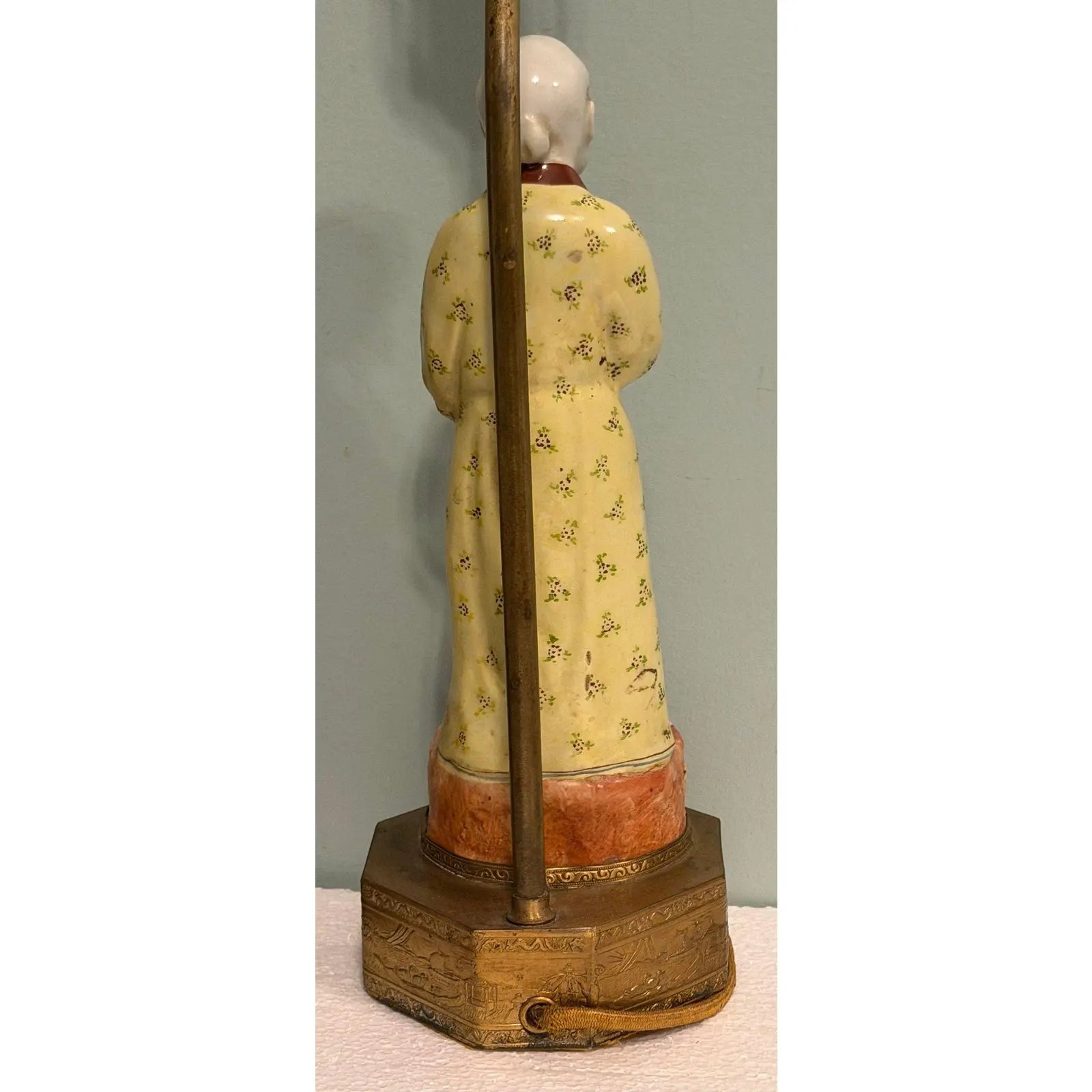 Vintage Chinese Famille Rose Fisherman Lamp Hand-Painted Porcelain Undrilled Figurine
