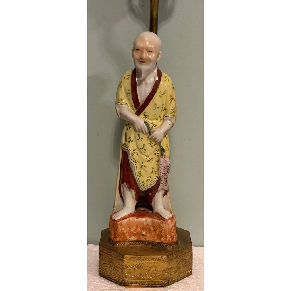 Vintage Chinese Famille Rose Fisherman Lamp Hand-Painted Porcelain Undrilled Figurine