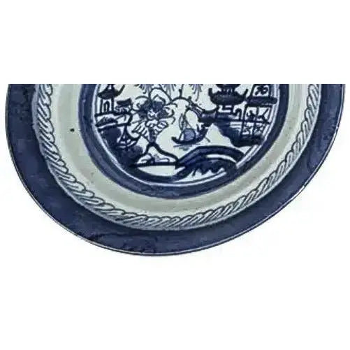 Pair of 19th Century Chinese Export "Canton" Blue & White Shallow Bowls, 8.75"
