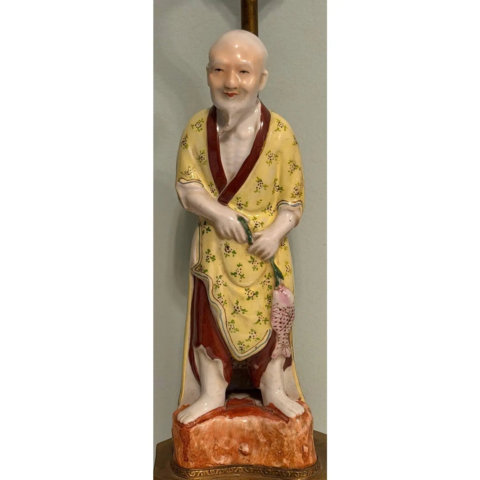 Vintage Chinese Famille Rose Fisherman Lamp Hand-Painted Porcelain Undrilled Figurine