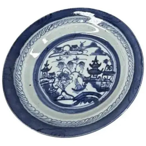 Pair of 19th Century Chinese Export "Canton" Blue & White Shallow Bowls, 8.75"