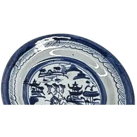 Pair of 19th Century Chinese Export "Canton" Blue & White Shallow Bowls, 8.75"