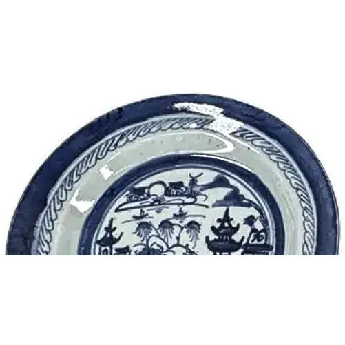 Pair of 19th Century Chinese Export "Canton" Blue & White Shallow Bowls, 8.75"