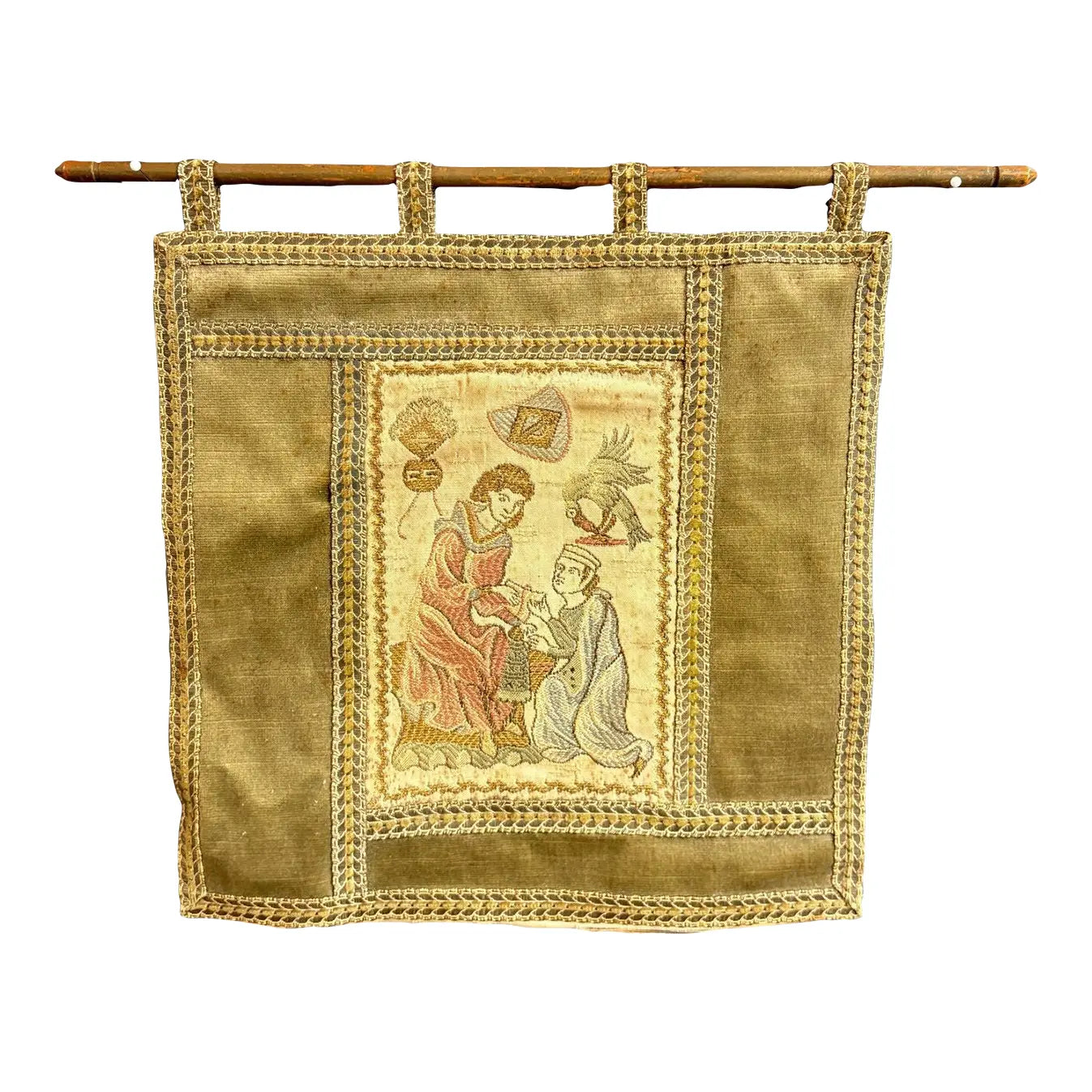 Vintage Medieval Revival Embroidered Wall Tapestry with Wood Rod