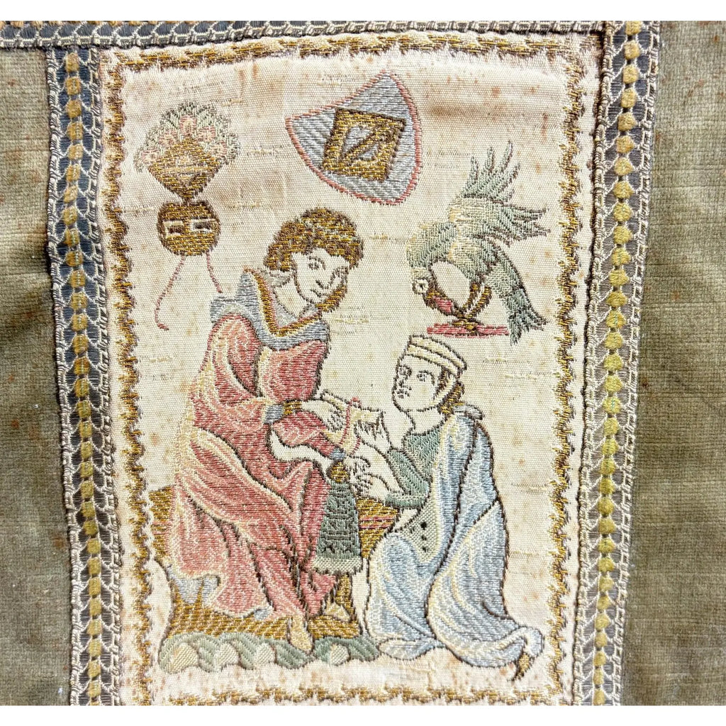 Vintage Medieval Revival Embroidered Wall Tapestry with Wood Rod