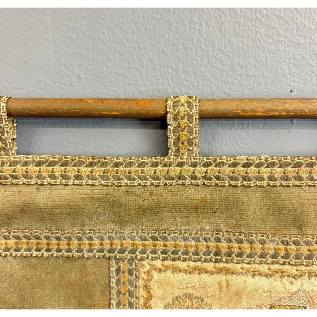 Vintage Medieval Revival Embroidered Wall Tapestry with Wood Rod