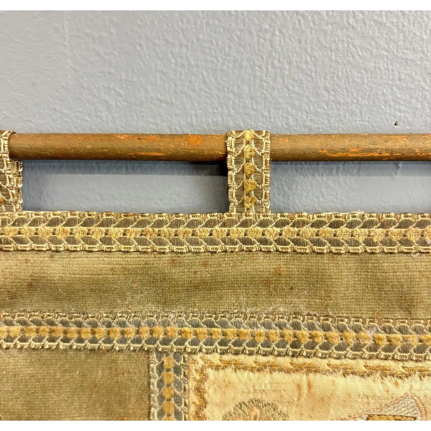 Vintage Medieval Revival Embroidered Wall Tapestry with Wood Rod