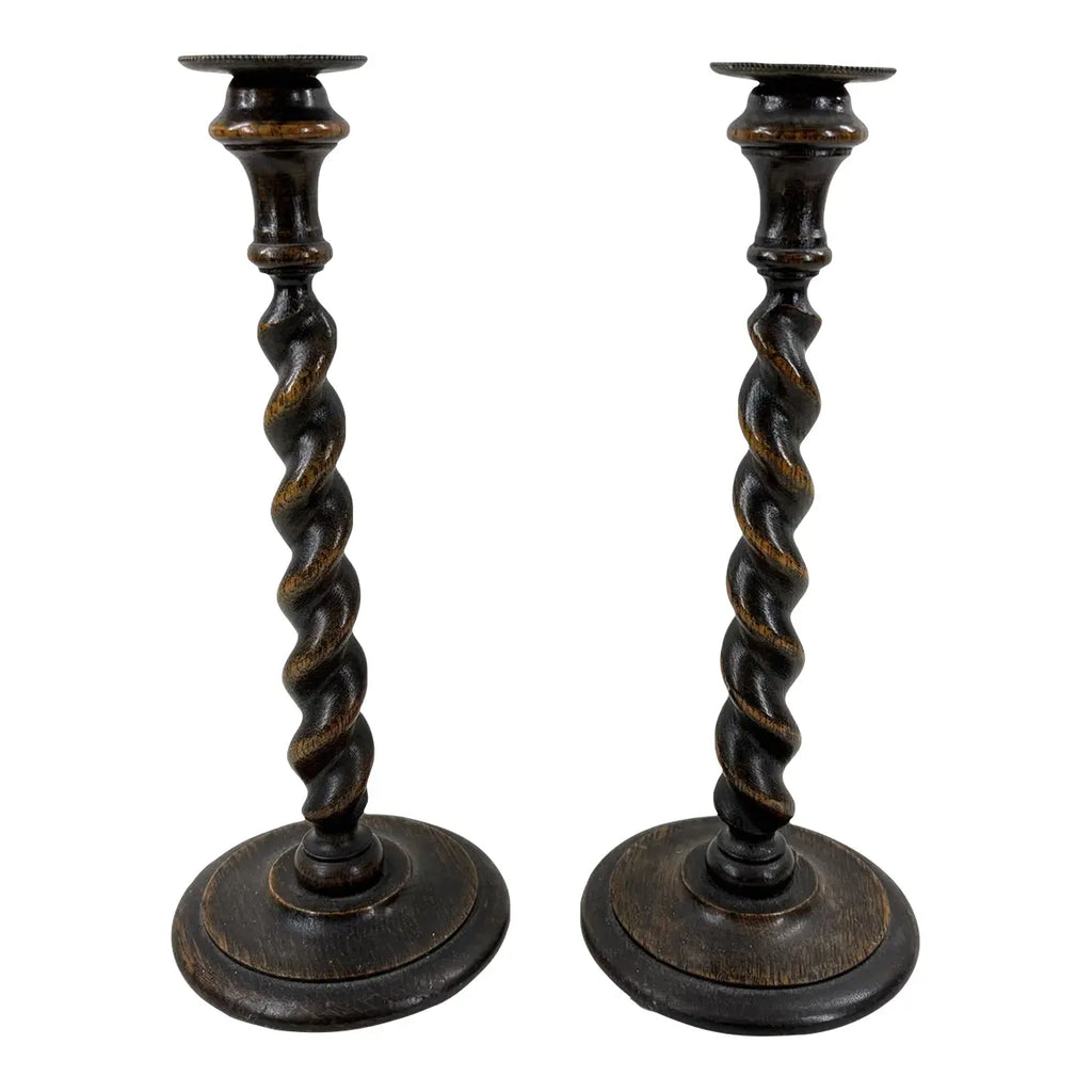 12.5” Antique English Oak Barley Twist Candlesticks With Brass Inserts - Pair