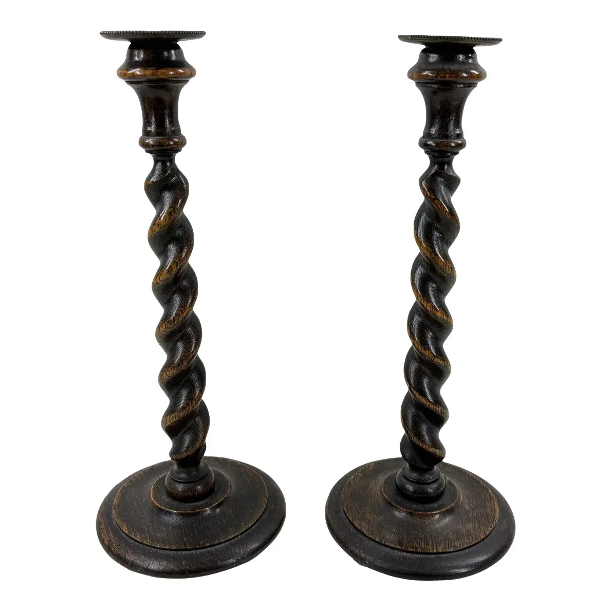 12.5” Antique English Oak Barley Twist Candlesticks With Brass Inserts - Pair