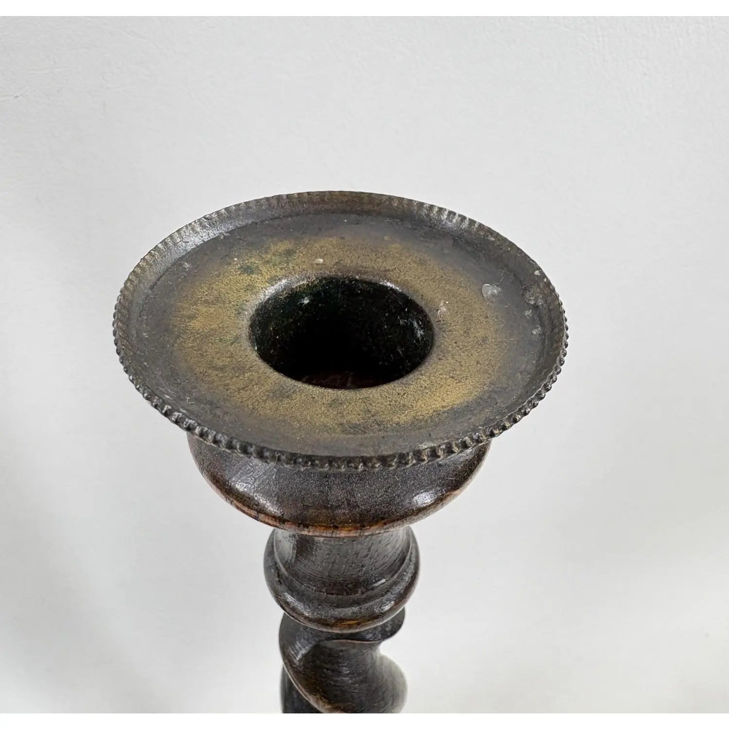 12.5” Antique English Oak Barley Twist Candlesticks With Brass Inserts - Pair