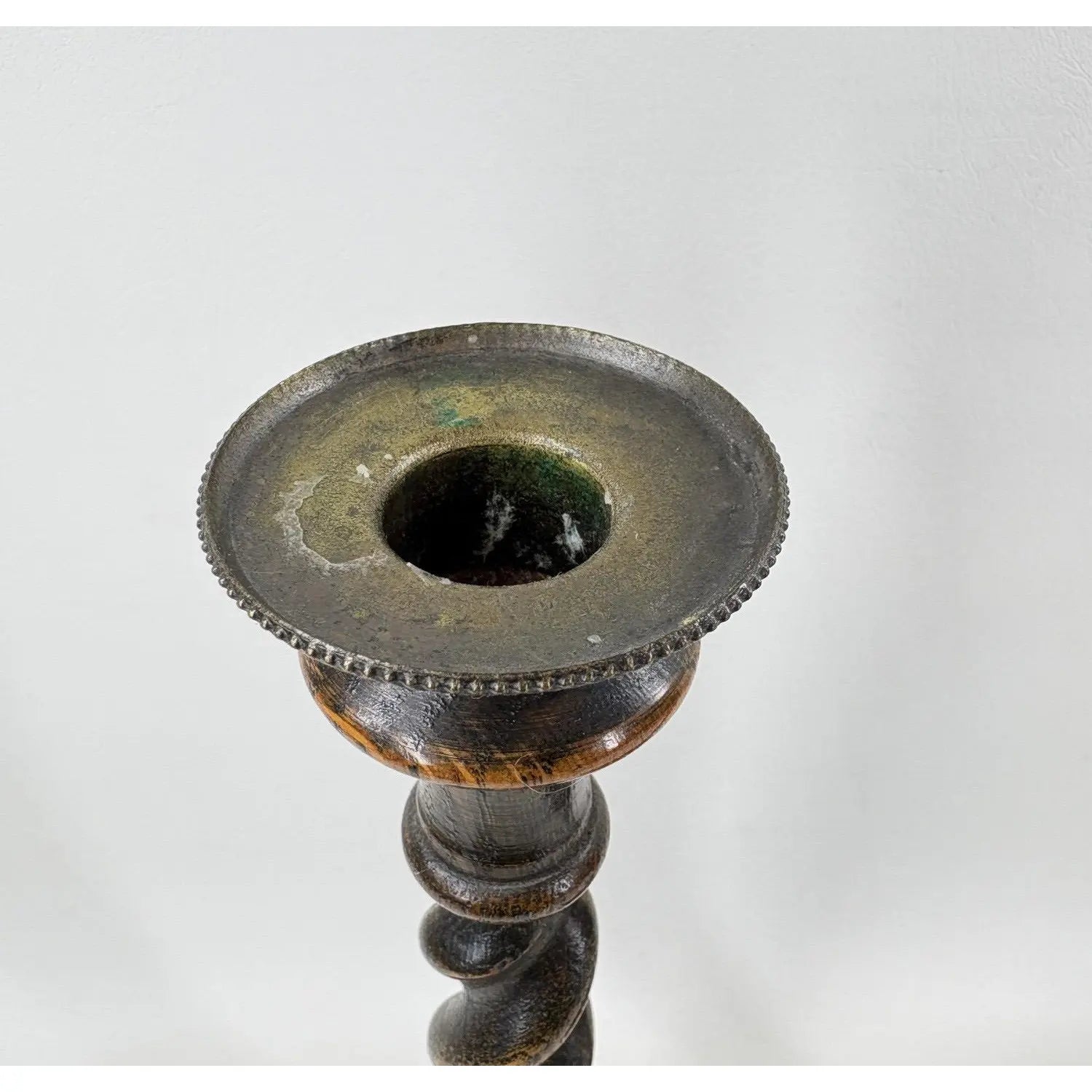 12.5” Antique English Oak Barley Twist Candlesticks With Brass Inserts - Pair