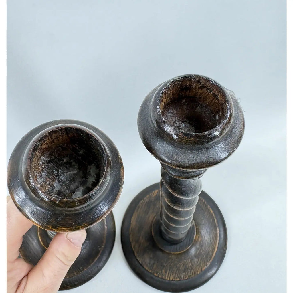 12.5” Antique English Oak Barley Twist Candlesticks With Brass Inserts - Pair