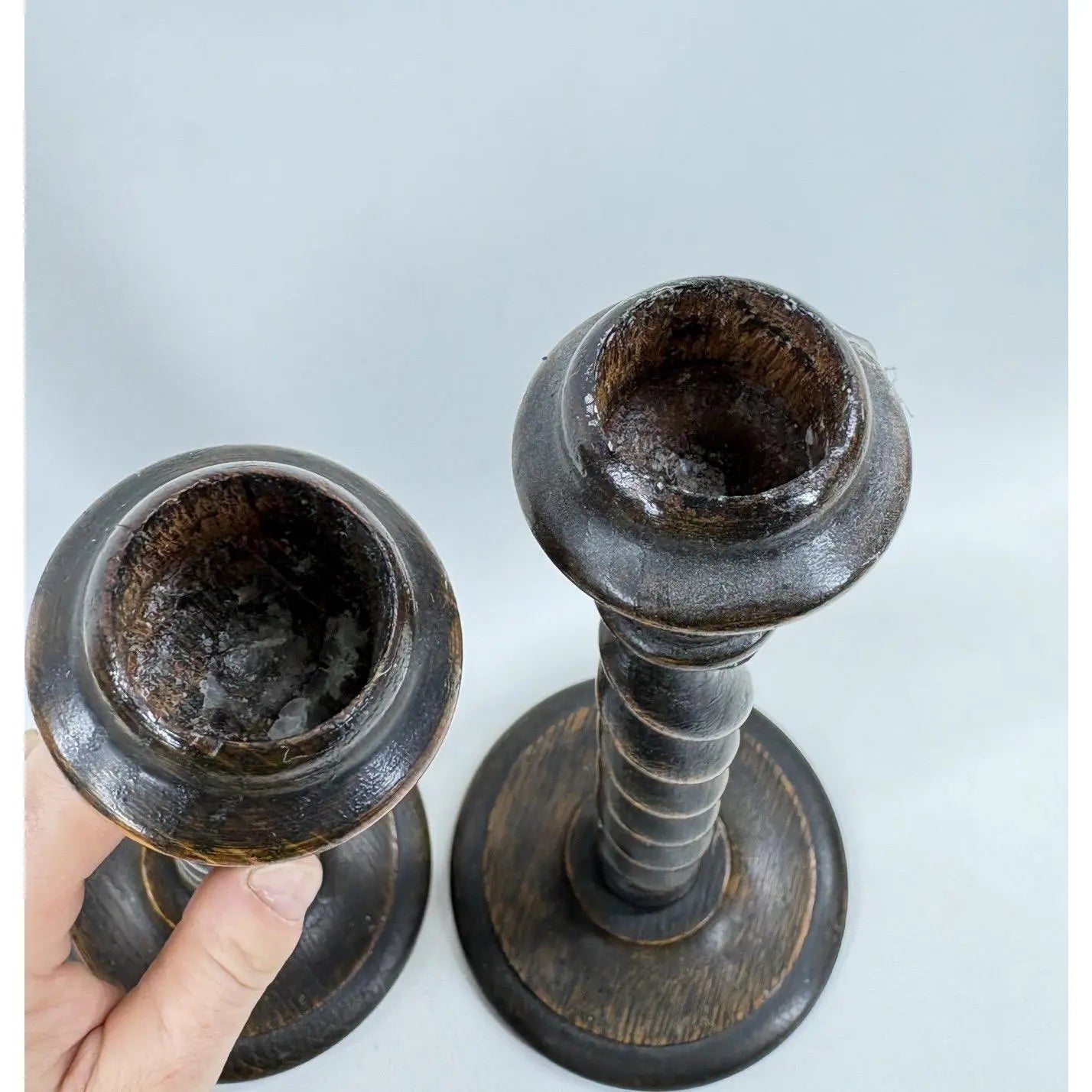12.5” Antique English Oak Barley Twist Candlesticks With Brass Inserts - Pair